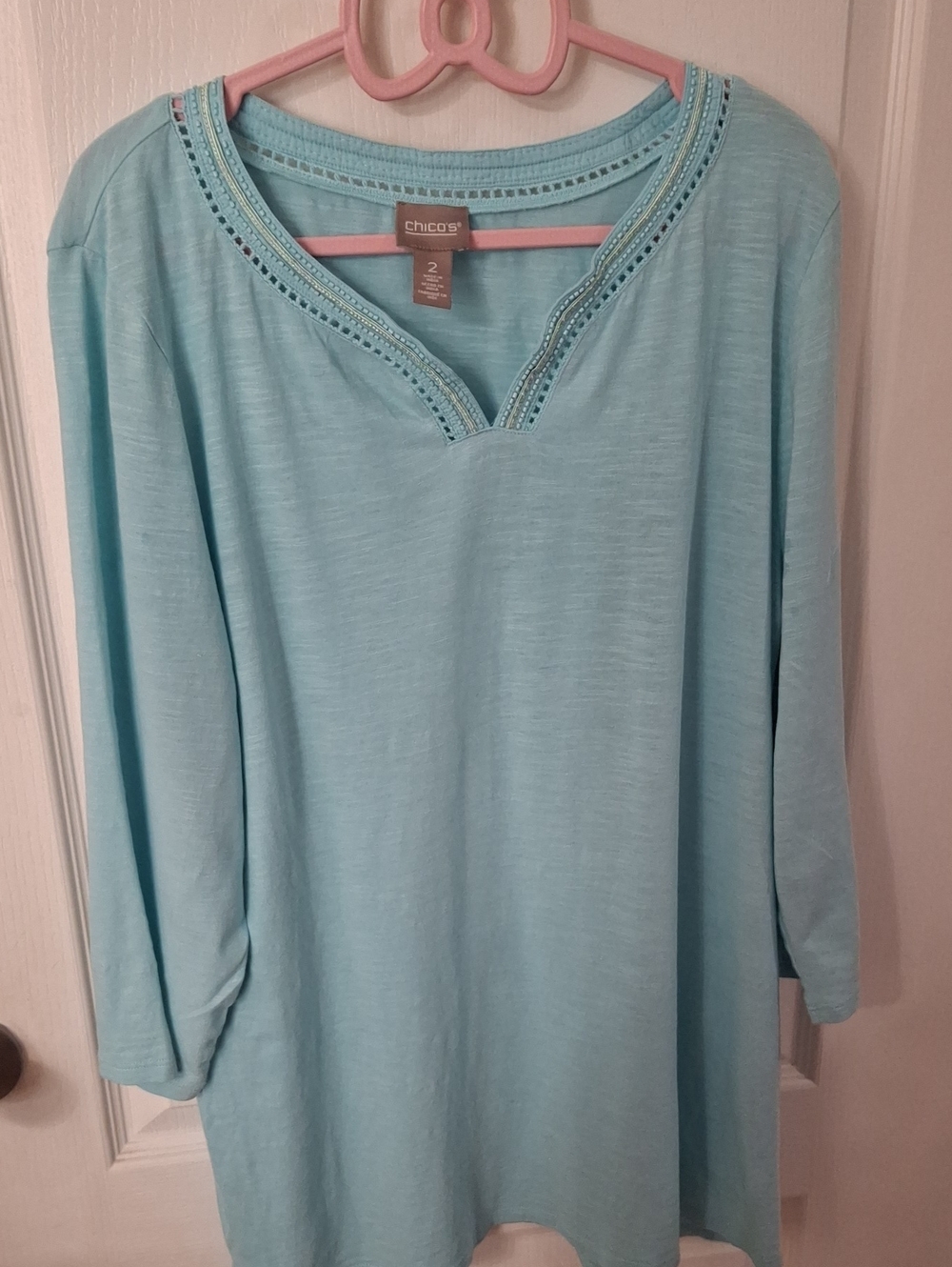 Chico's Aqua V-Neck Embellished Tunic